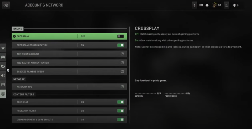 Disable crossplay in MW2 settings